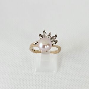 Beautiful Cultured Pearl & Zircon Ring Sterling Silver & 18K Rose Gold Sz 8!